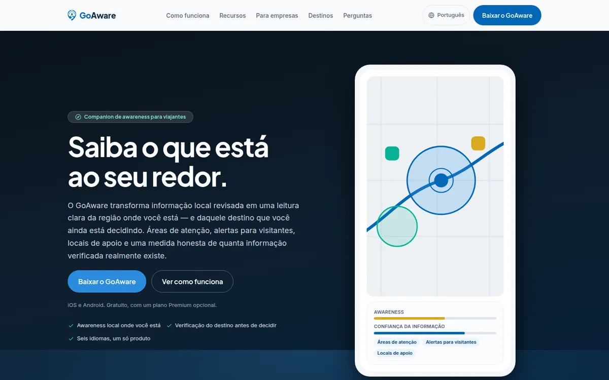 Página do produto GoAware, com o título “Saiba o que está ao seu redor” e o aplicativo mostrando o mapa de áreas de atenção