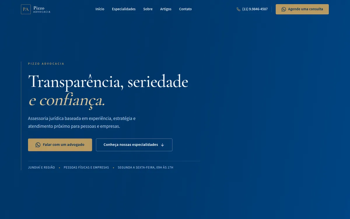 Página inicial do site da Pizzo Advocacia, com o título “Transparência, seriedade e confiança” e o botão para agendar uma consulta