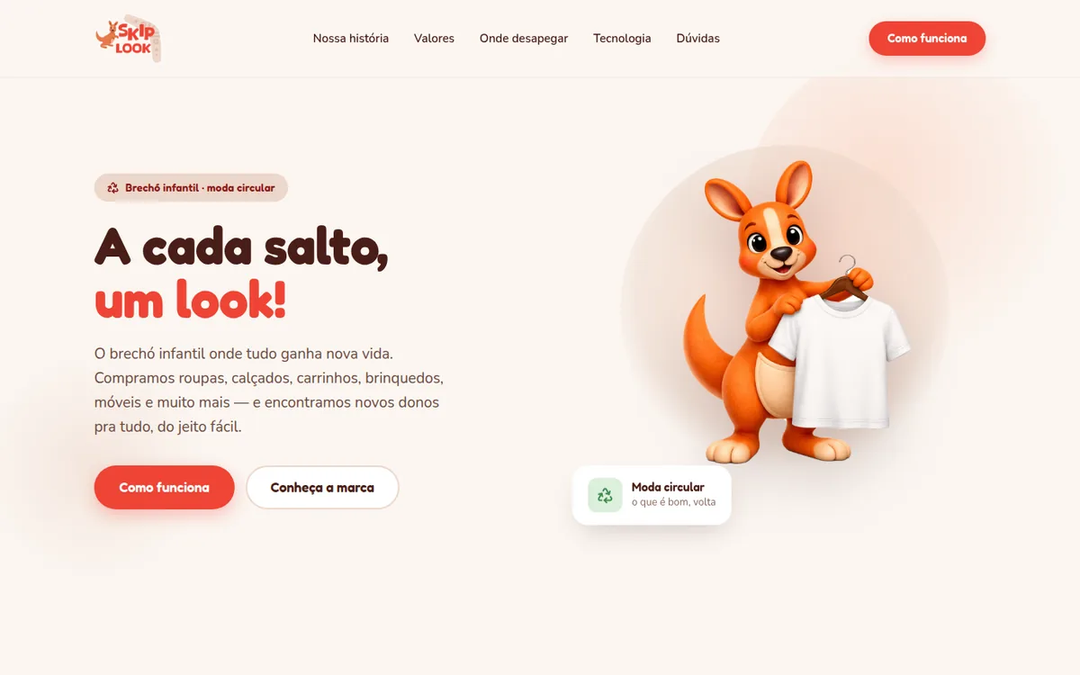 Página inicial da Skip Look, brechó infantil, com o título “A cada salto, um look!” e o mascote da marca