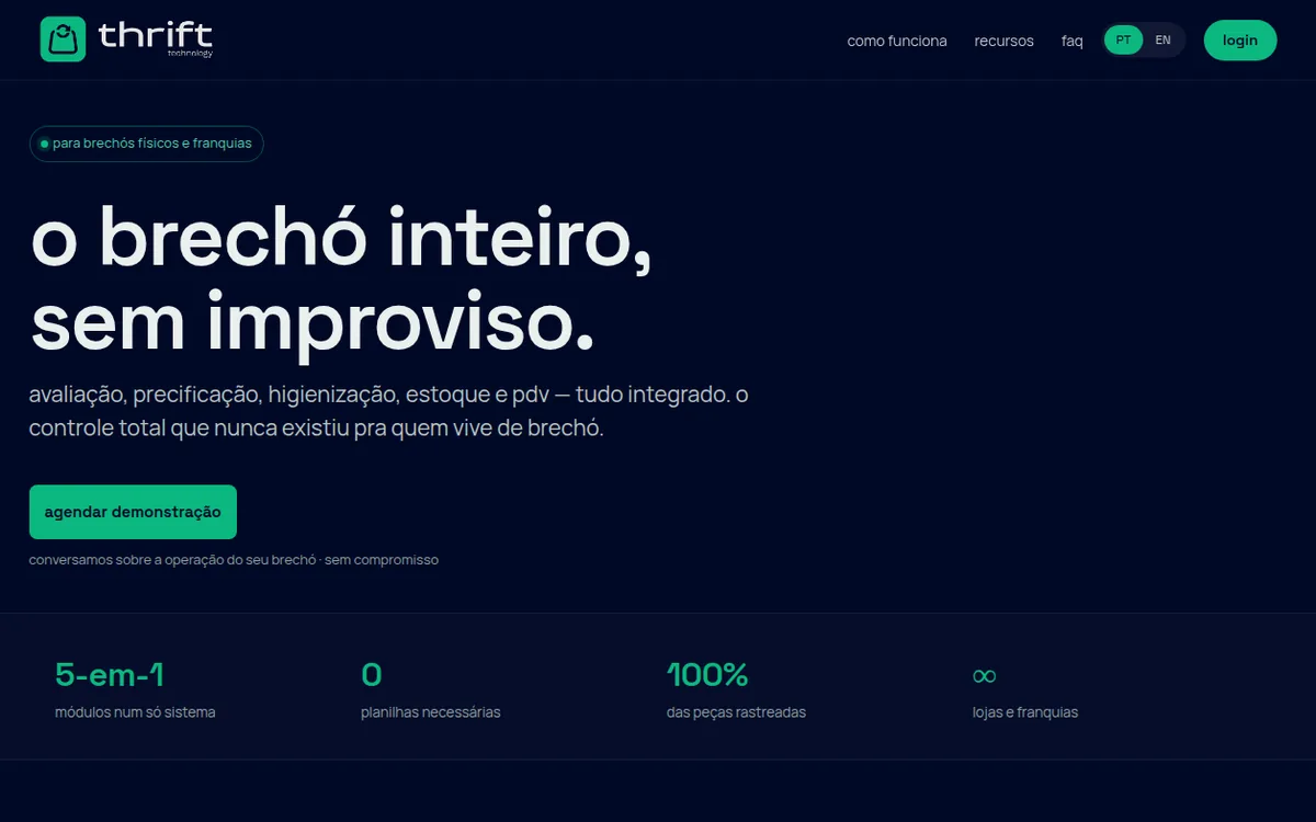 Página da Thrift Technology, sistema de gestão para brechós, com o título “o brechó inteiro, sem improviso”